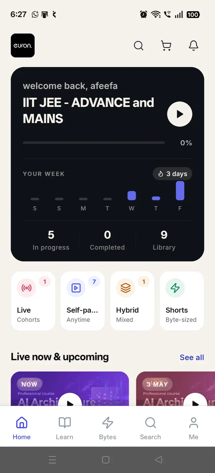 Learner app home screen showing courses and categories