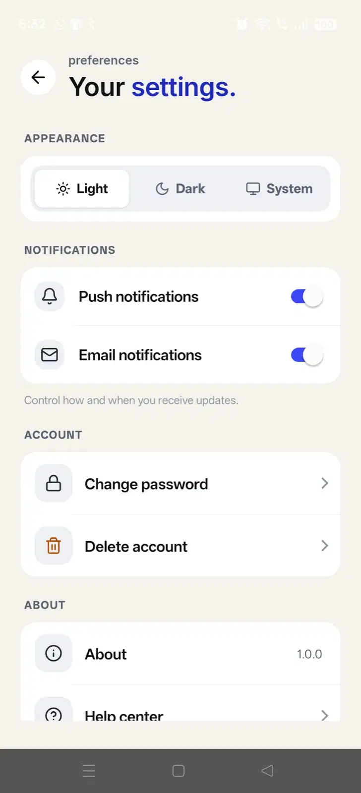 Learner app settings and profile screen