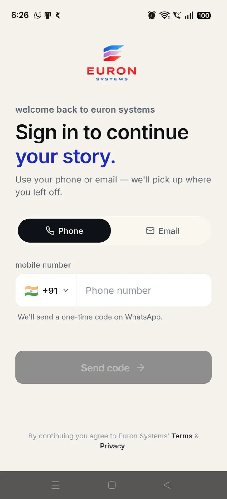 Branded sign in screen of the learner app
