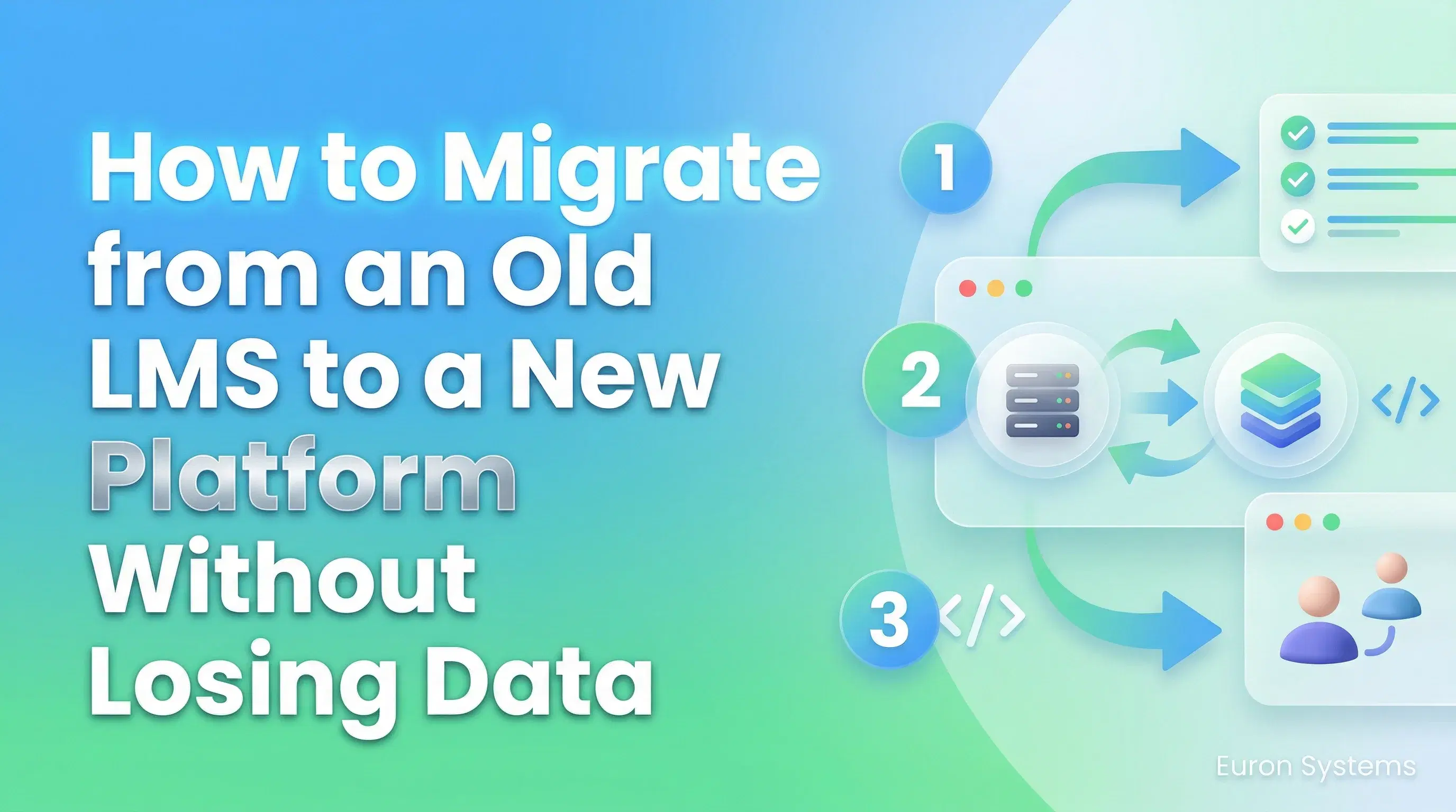 Illustration of LMS data migration process showing transfer of user data, courses, and analytics from an old system to a new platform.